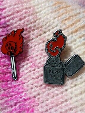 Burn It All Skull Match Zippo Lighter Metal Lapel Pin Set Two Besties Punk Hell